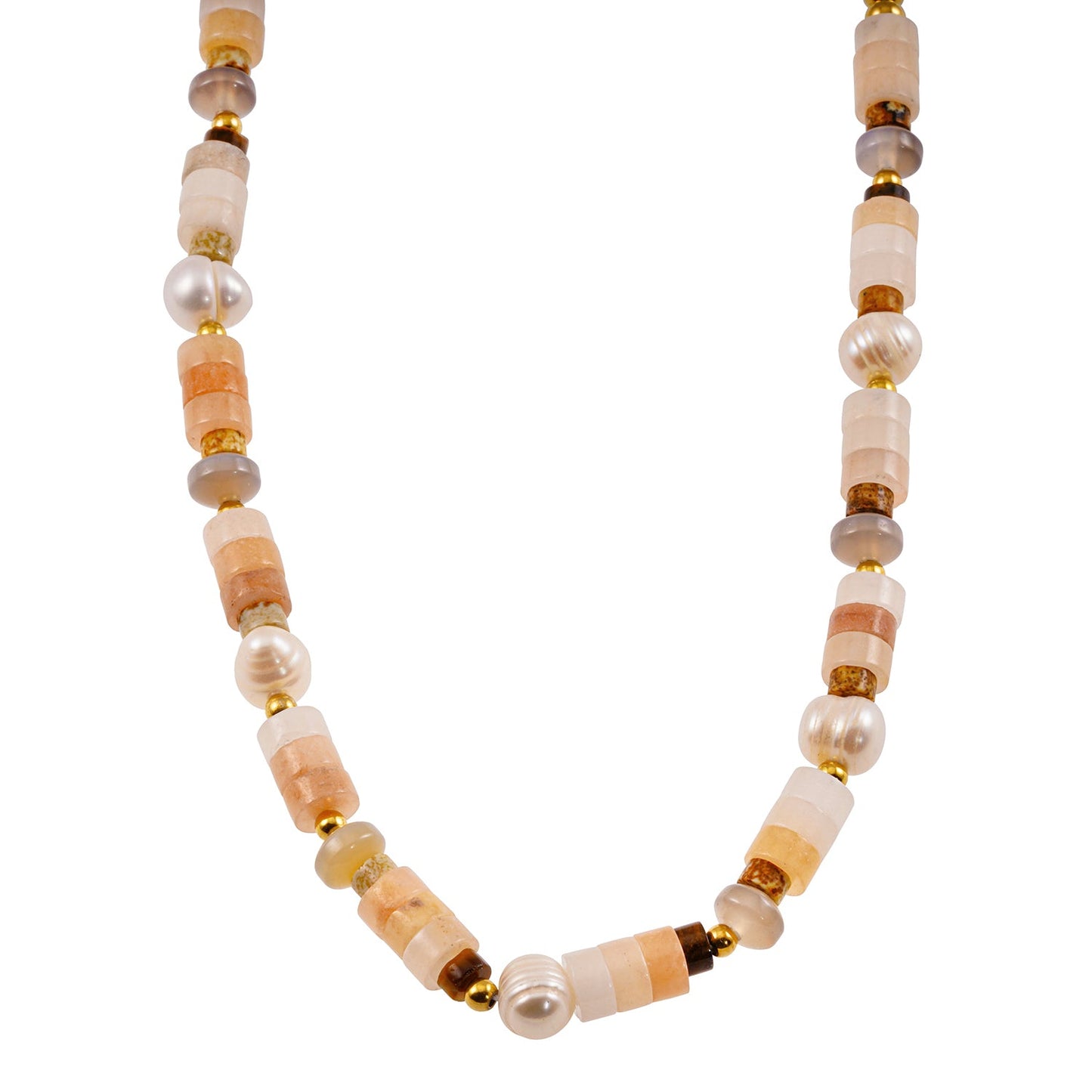 OSTIA: Chalcedony Stones, Fresh Water Pearls & Gold Ball-Beaded Necklace.