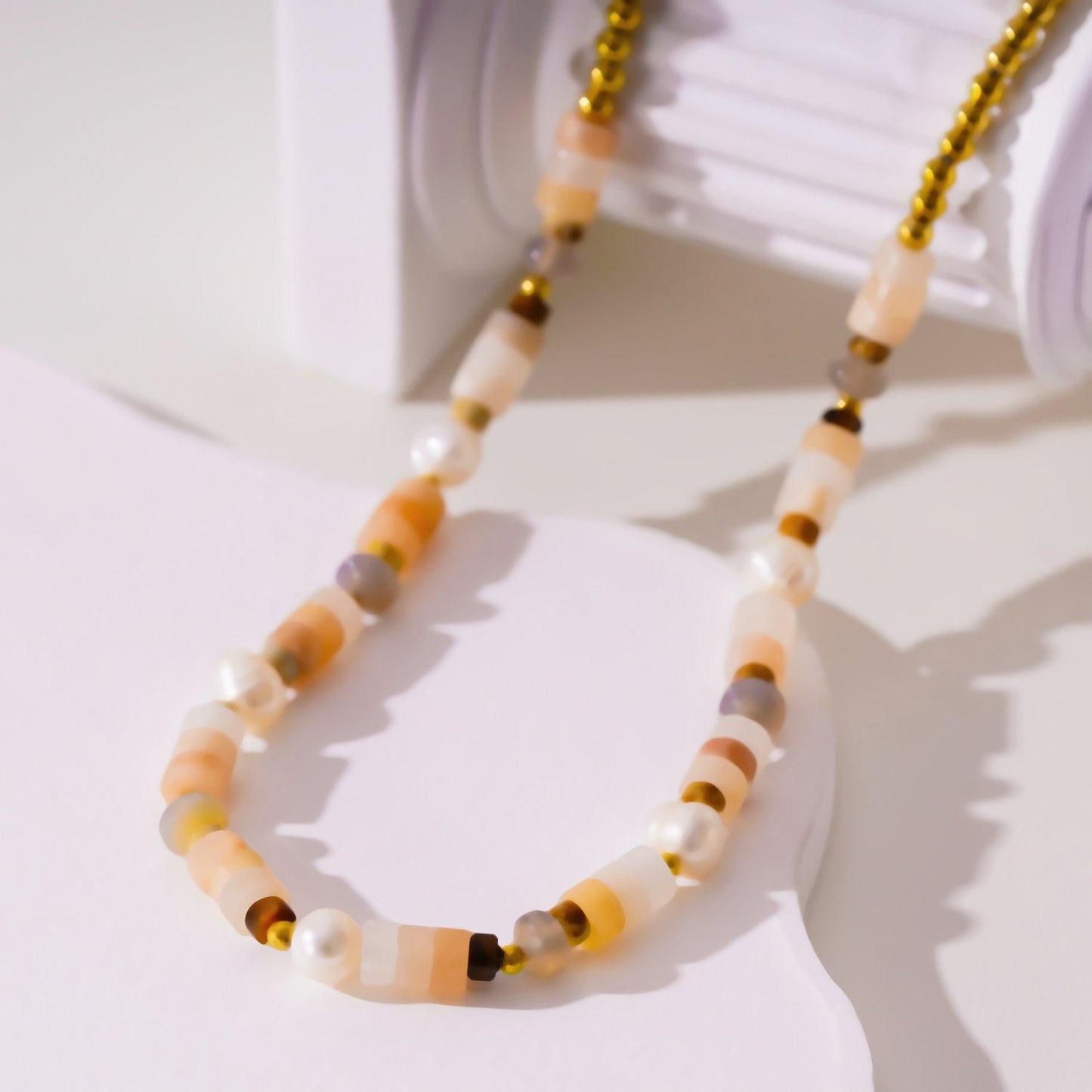 OSTIA: Chalcedony Stones, Fresh Water Pearls & Gold Ball-Beaded Necklace.