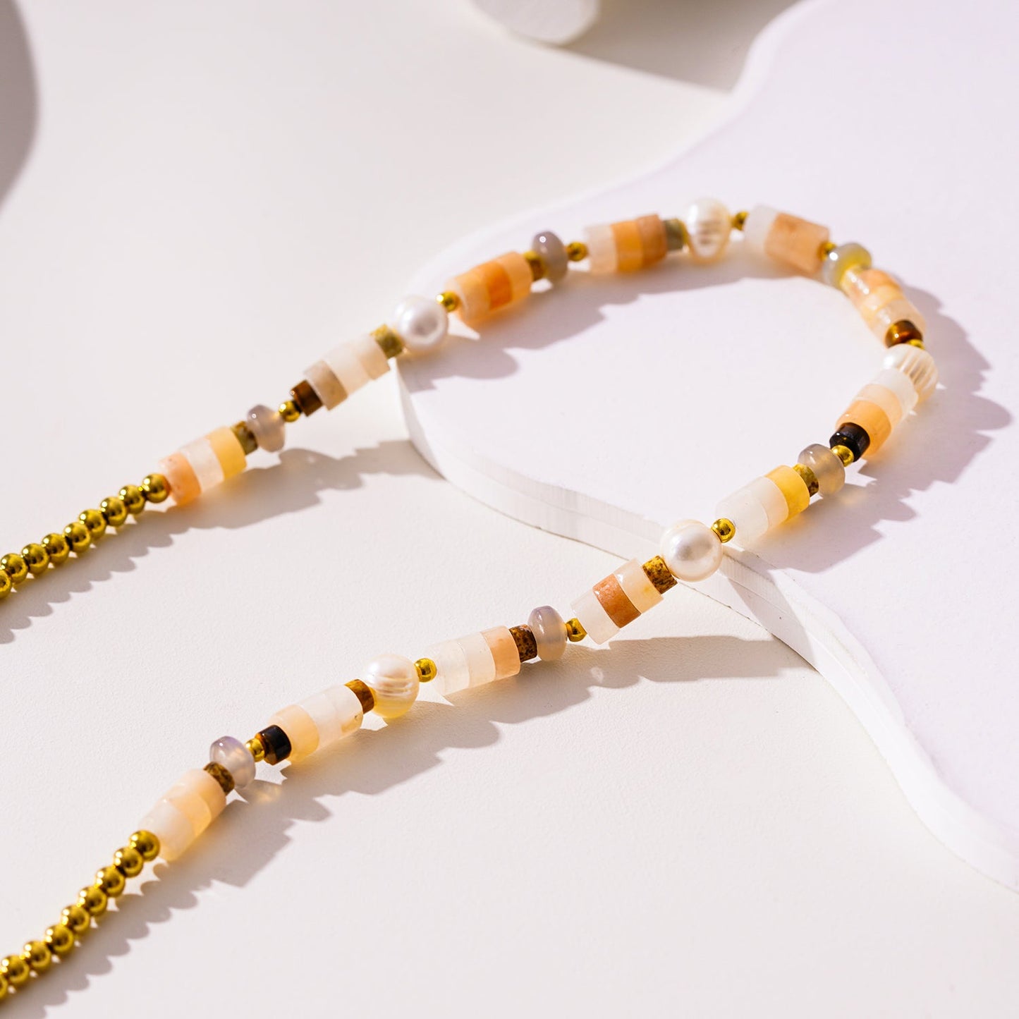 OSTIA: Chalcedony Stones, Fresh Water Pearls & Gold Ball-Beaded Necklace.
