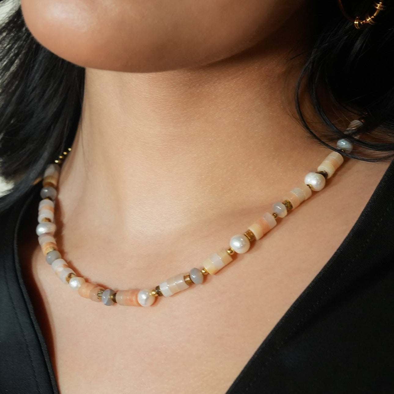 OSTIA: Chalcedony Stones, Fresh Water Pearls & Gold Ball-Beaded Necklace.