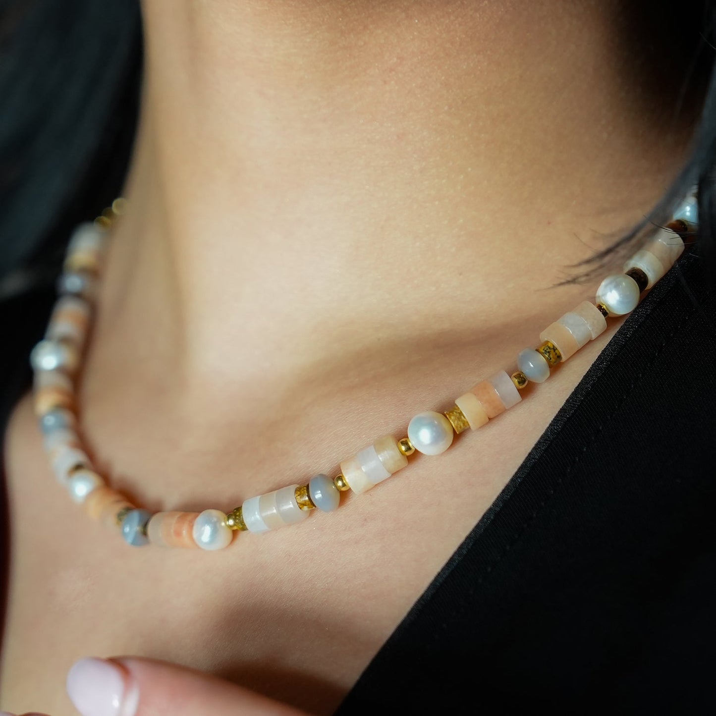 OSTIA: Chalcedony Stones, Fresh Water Pearls & Gold Ball-Beaded Necklace.