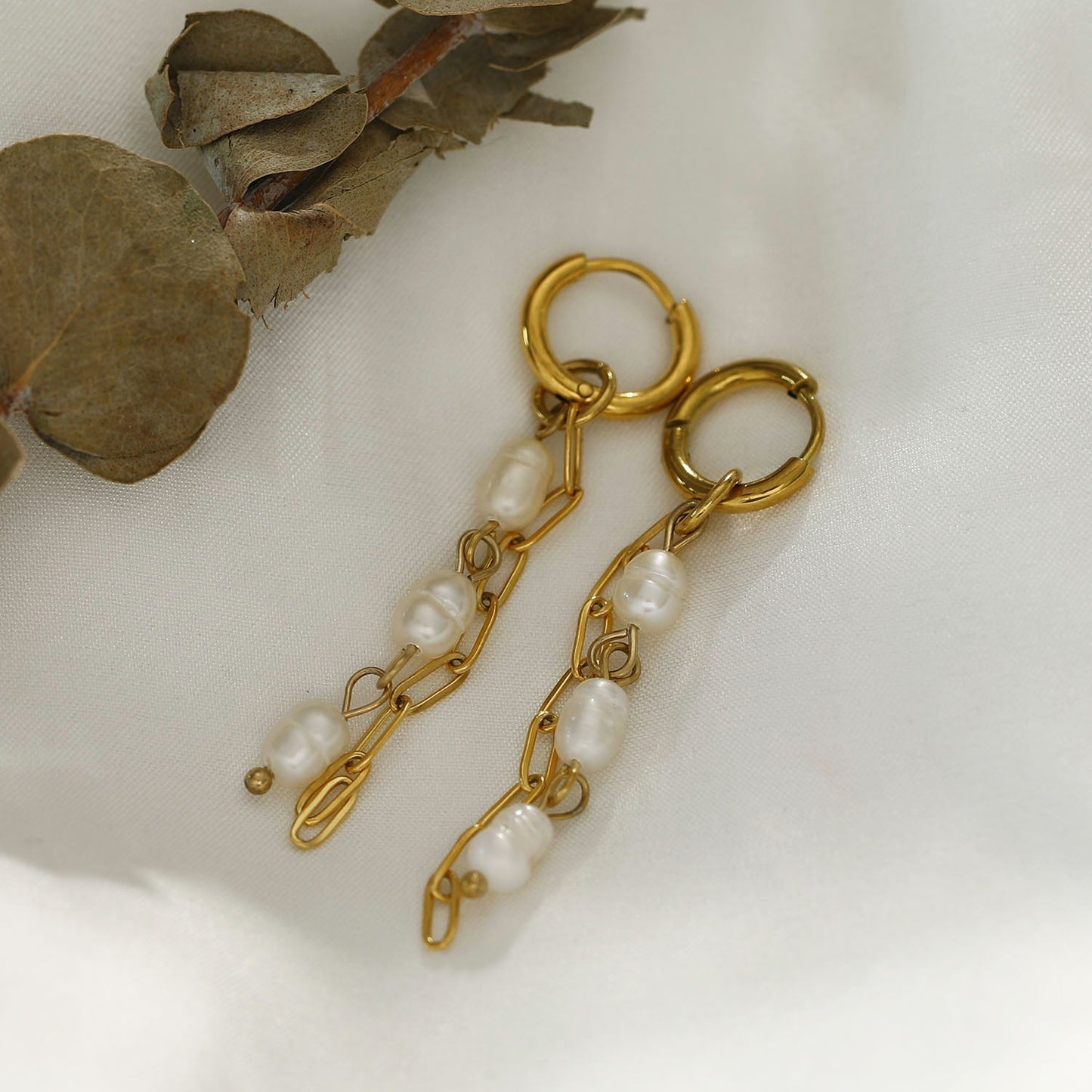AILIA Duo of Linked Chains with Fresh Water Pearls Drop Earrings