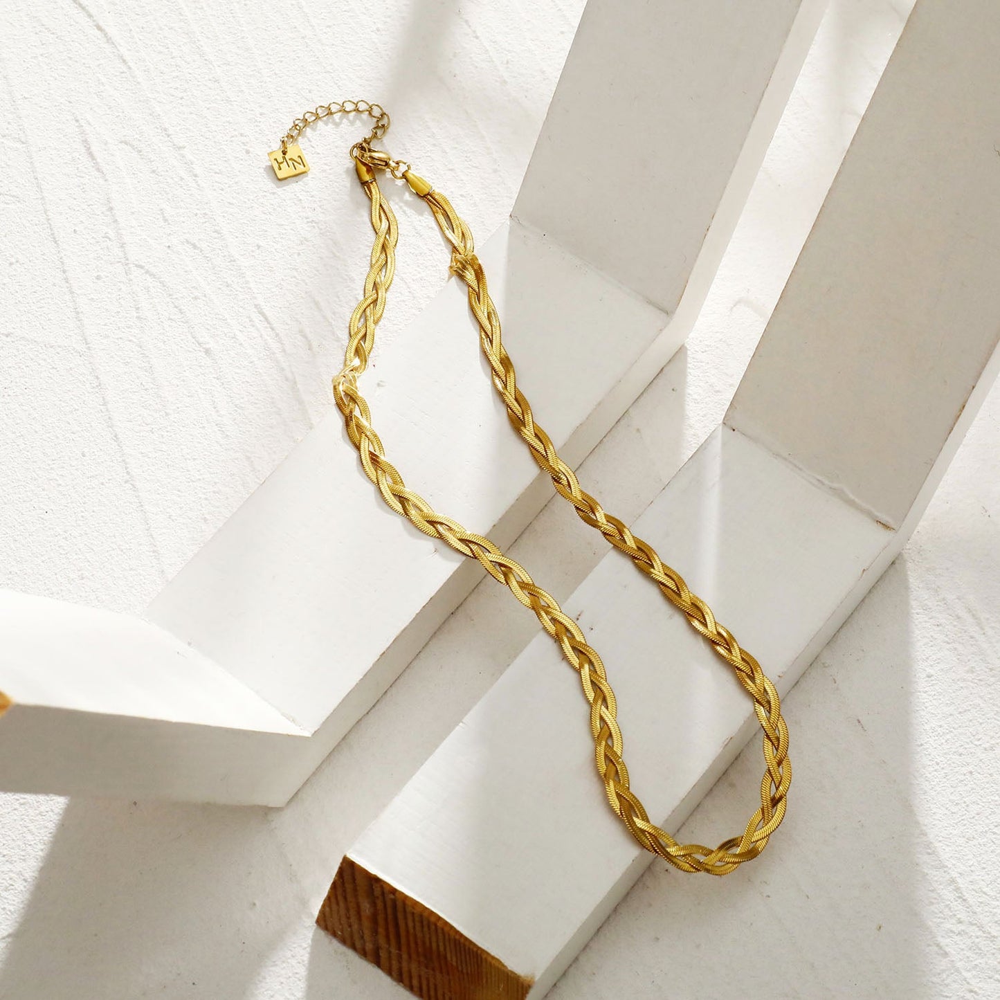 TARA Gold: Intertwined Herringbone Snake Skin Textured Necklace.