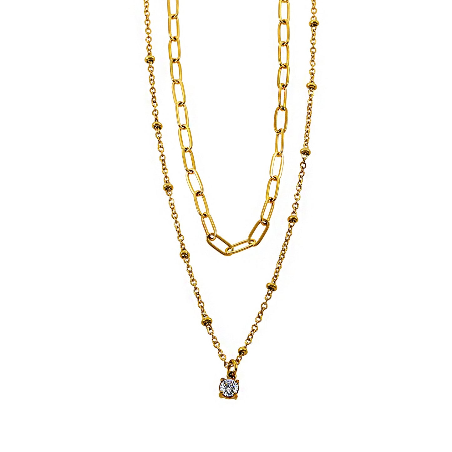 KATERI Gold: Pre-Layered Chains Necklace with a Solitaire Zirconia Charm Pendant
