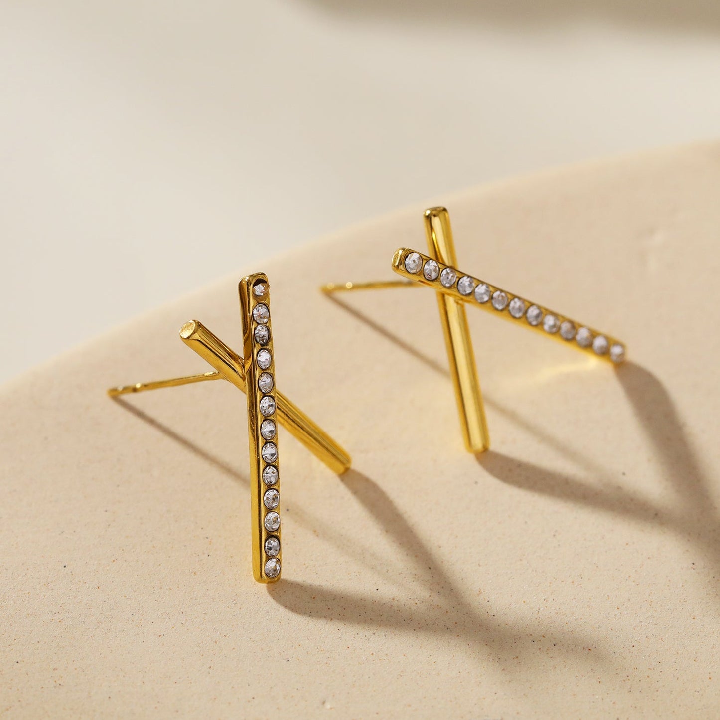 TESSA: Criss-Cross Duo Bars Stud Earrings with Zirconia Gemstones