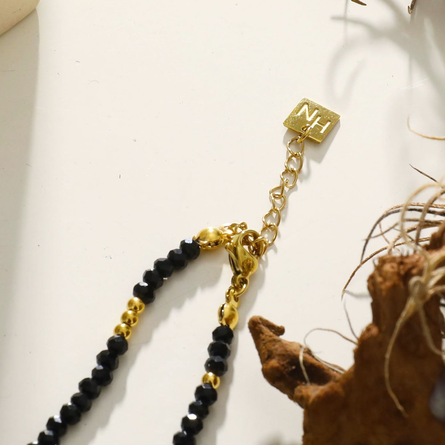 LINA Black Crystal and Gold Beads Chain Necklace