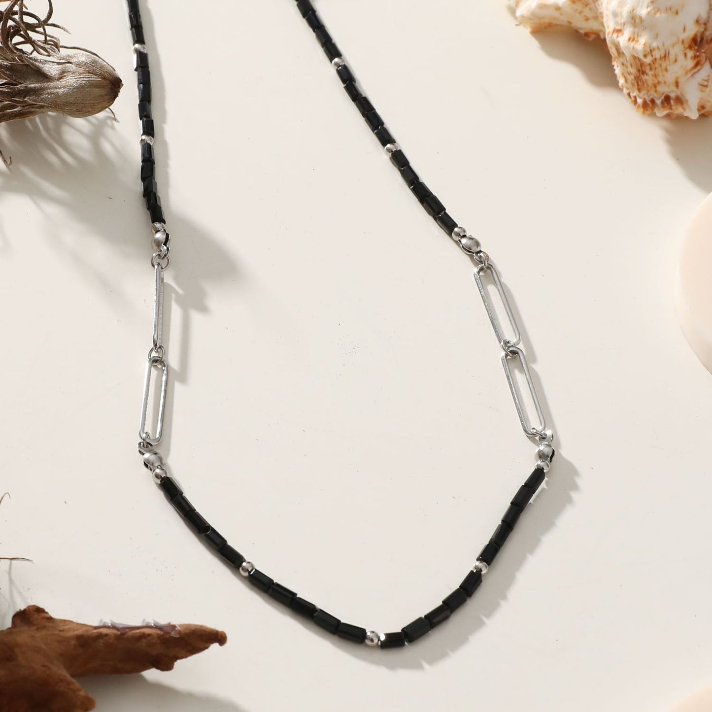 LORENA Black & Silver Beaded Paperclip Chain Necklace