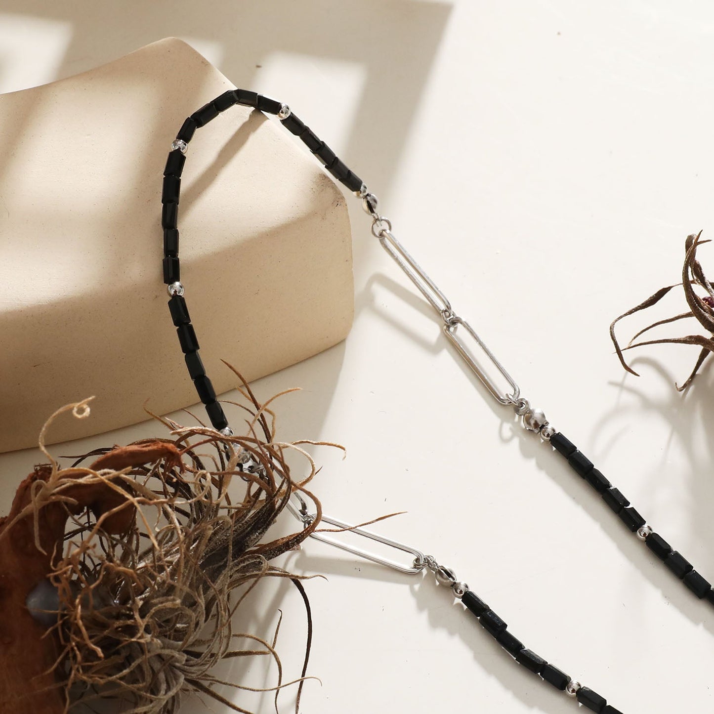 LORENA Black & Silver Beaded Paperclip Chain Necklace