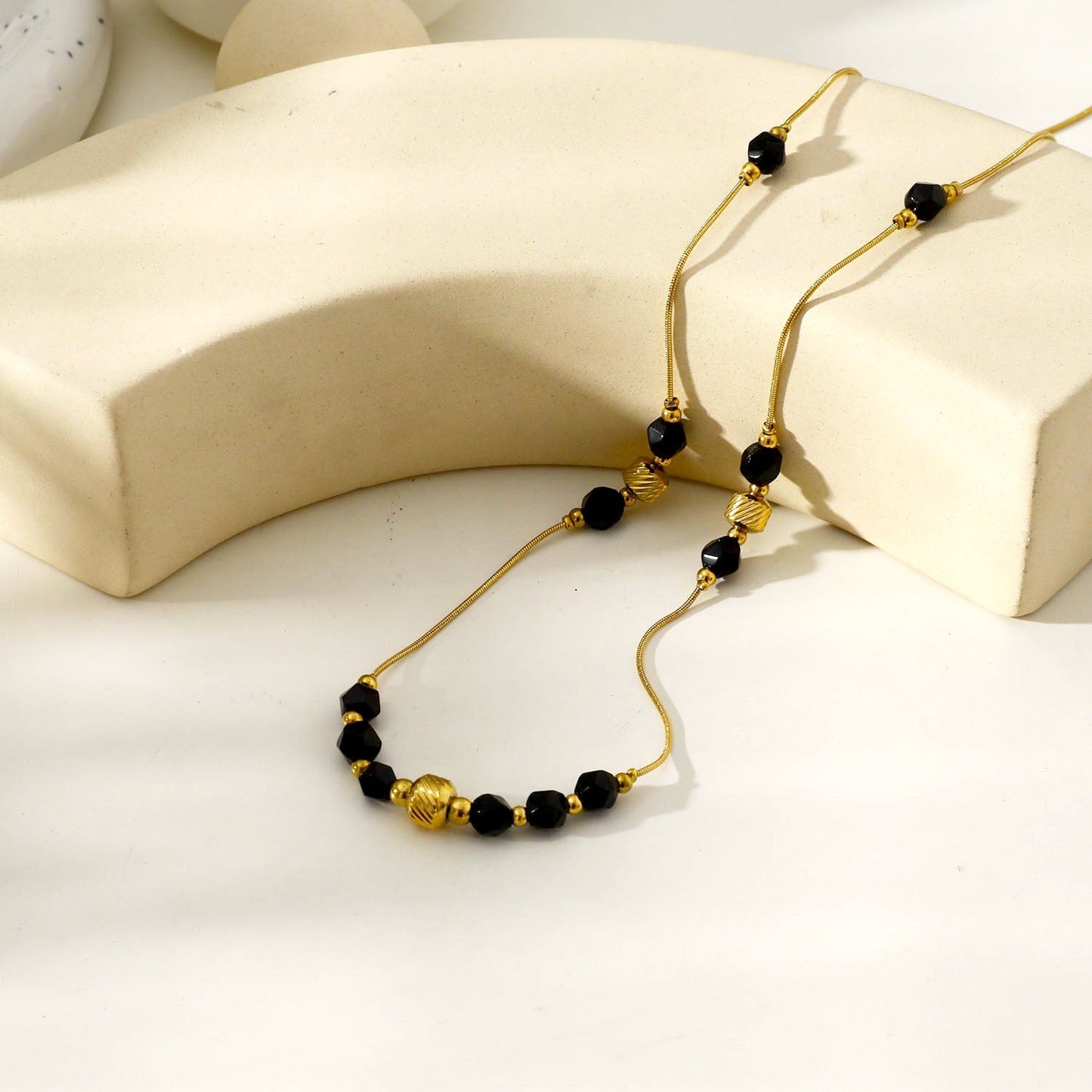 MARA Black Obsidian & Gold Beaded Chain Necklace