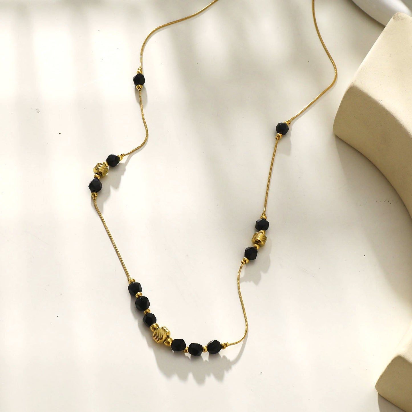 MARA Black Obsidian & Gold Beaded Chain Necklace