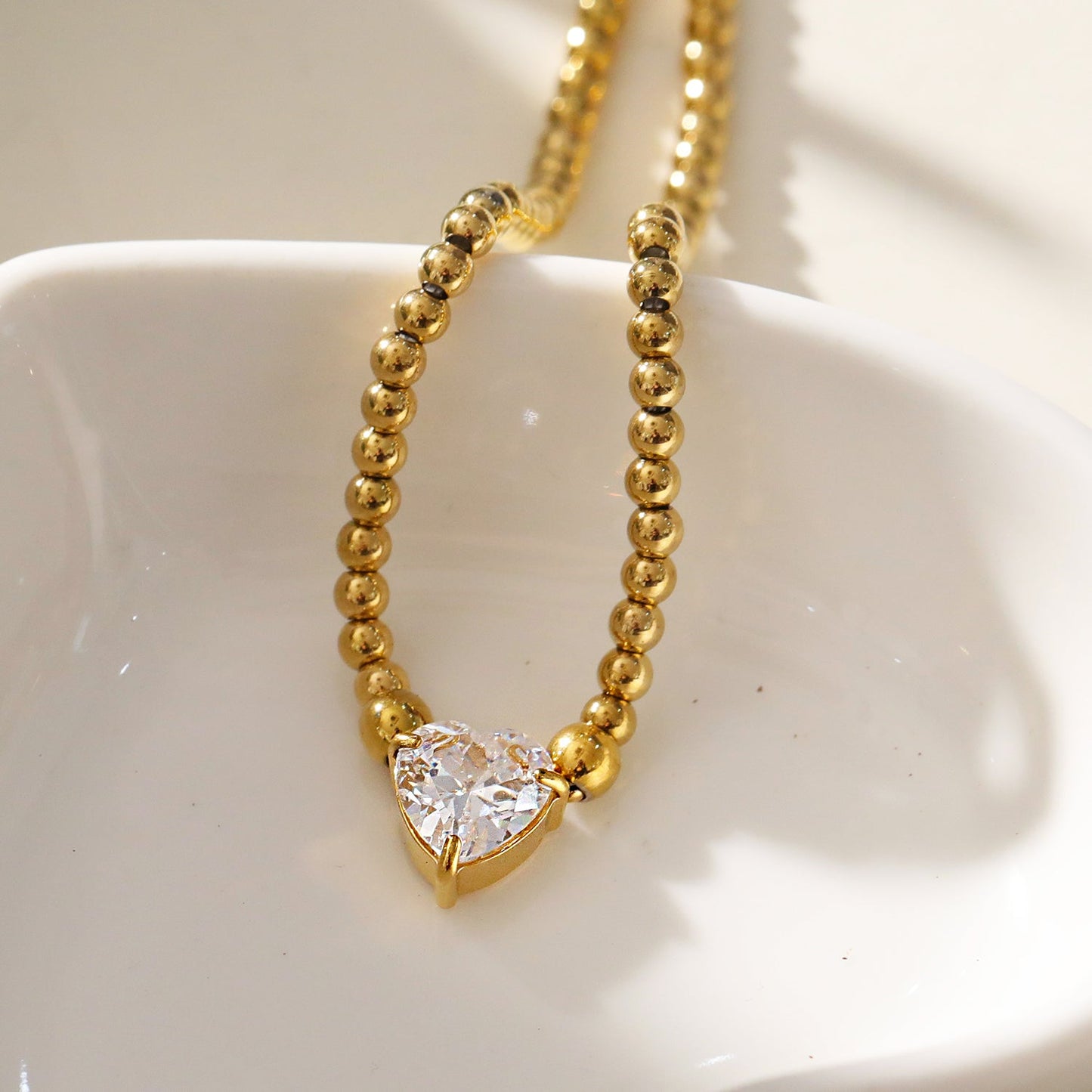 CROMER Zirconia Heart Pendant Ball-Bead Chain Necklace