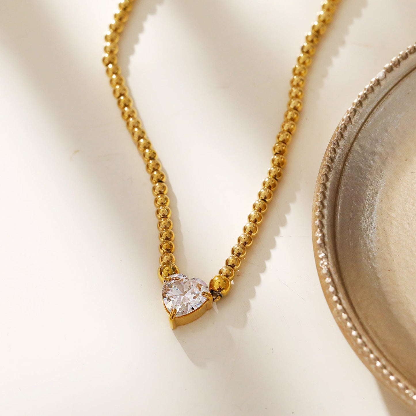 CROMER Zirconia Heart Pendant Ball-Bead Chain Necklace