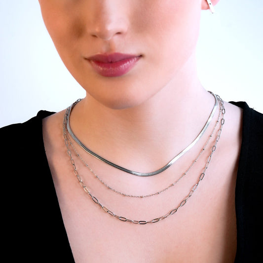 GEILNAR:  Triple Layer Mixed-Chain Necklace in Silver