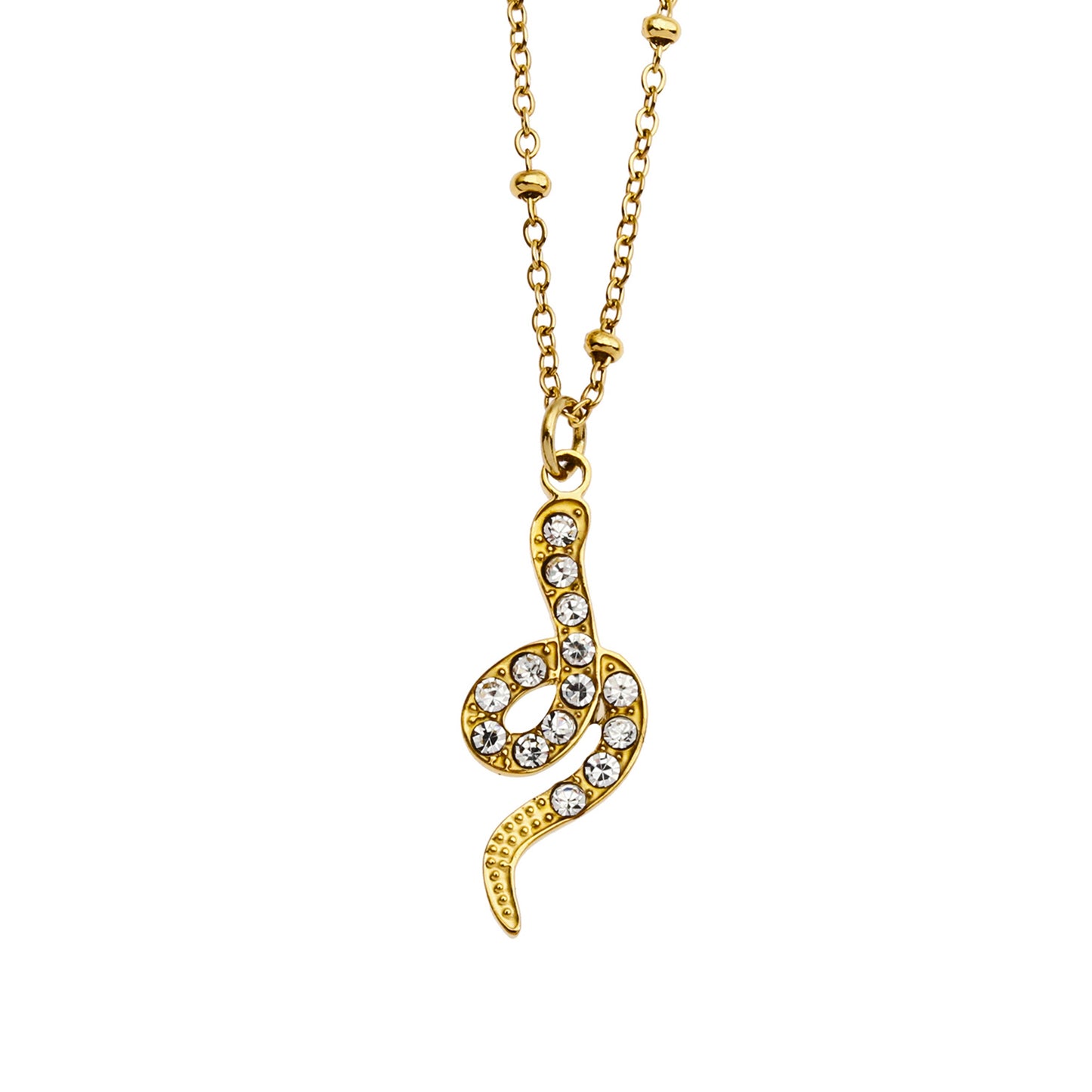 RIHANNA Beaded Chain Necklace with a Pavé Zirconia Serpent Pendant in Gold