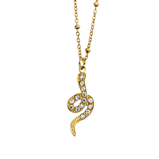 RIHANNA Beaded Chain Necklace with a Pavé Zirconia Serpent Pendant in Gold
