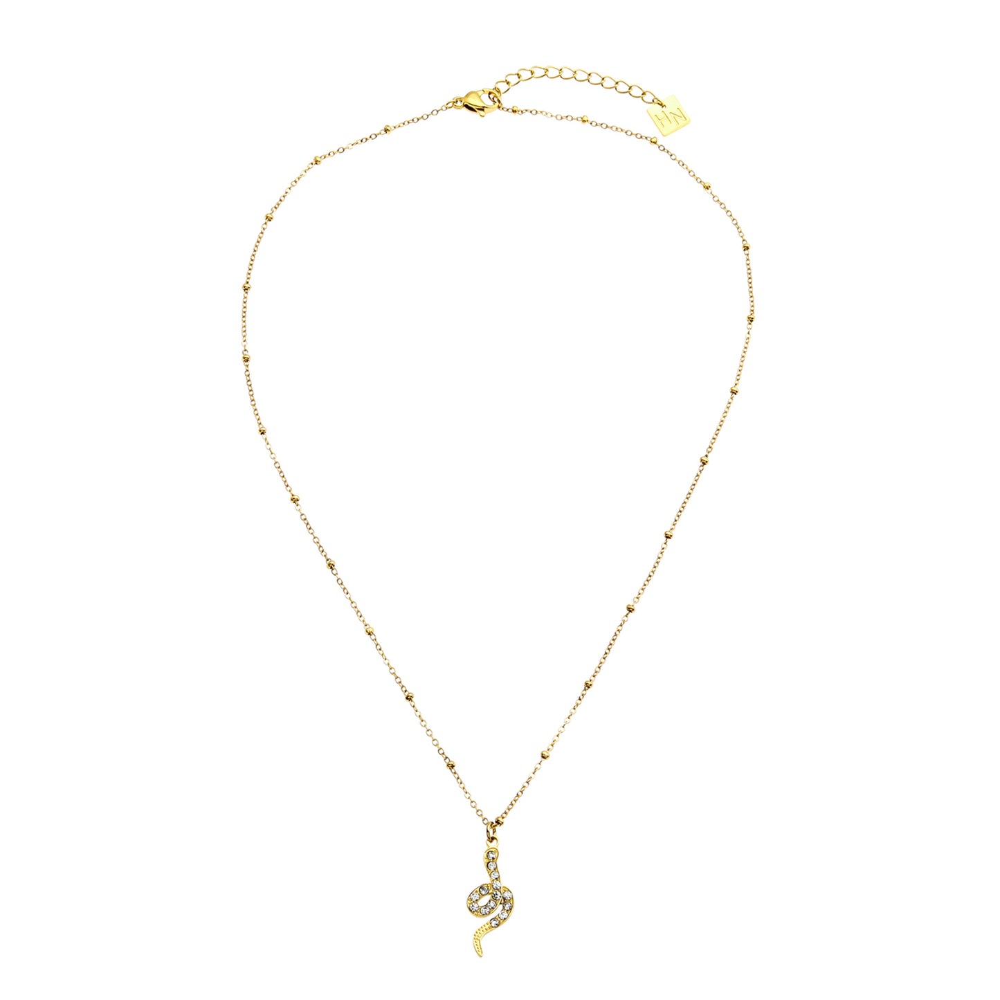 RIHANNA Beaded Chain Necklace with a Pavé Zirconia Serpent Pendant in Gold