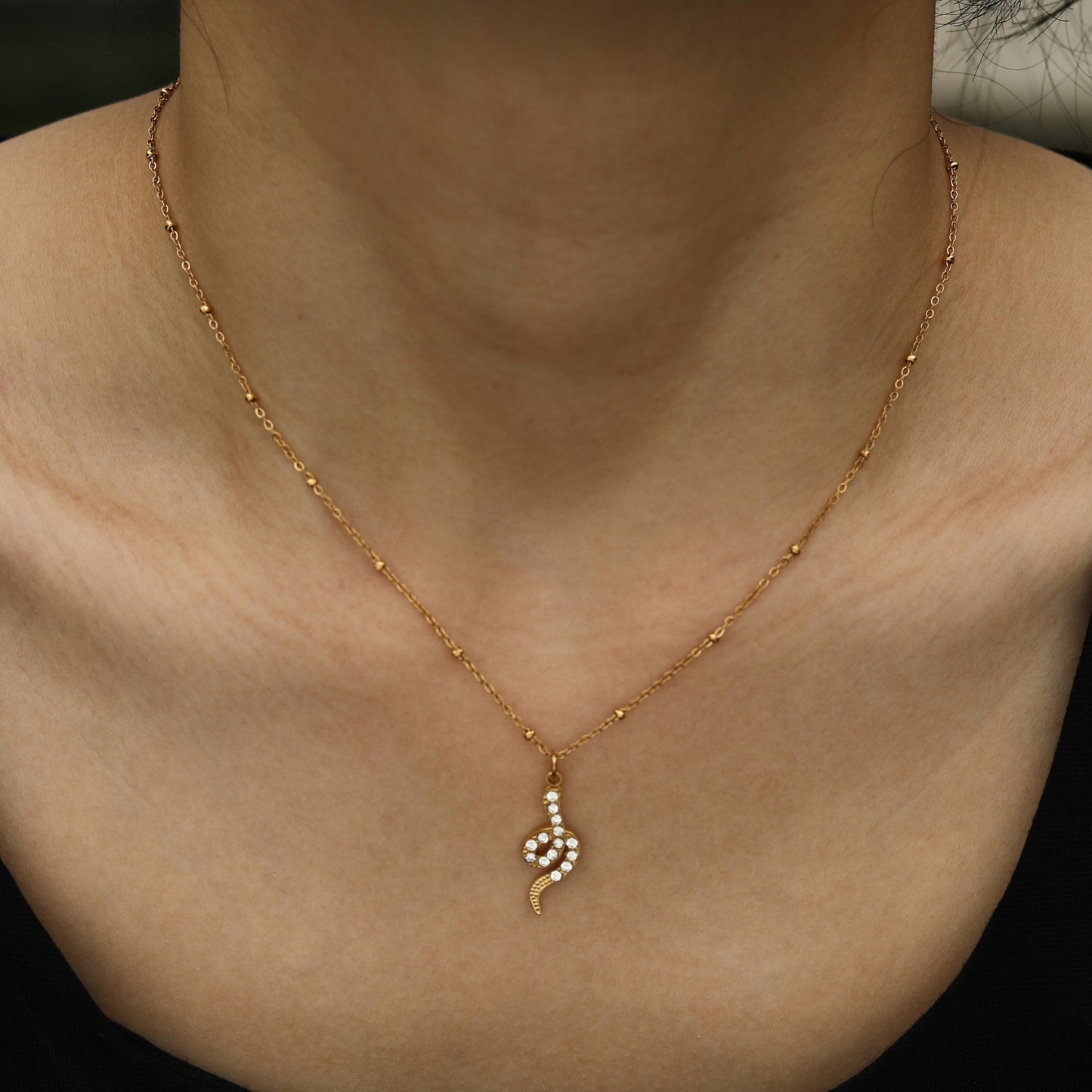 RIHANNA Beaded Chain Necklace with a Pavé Zirconia Serpent Pendant in Gold