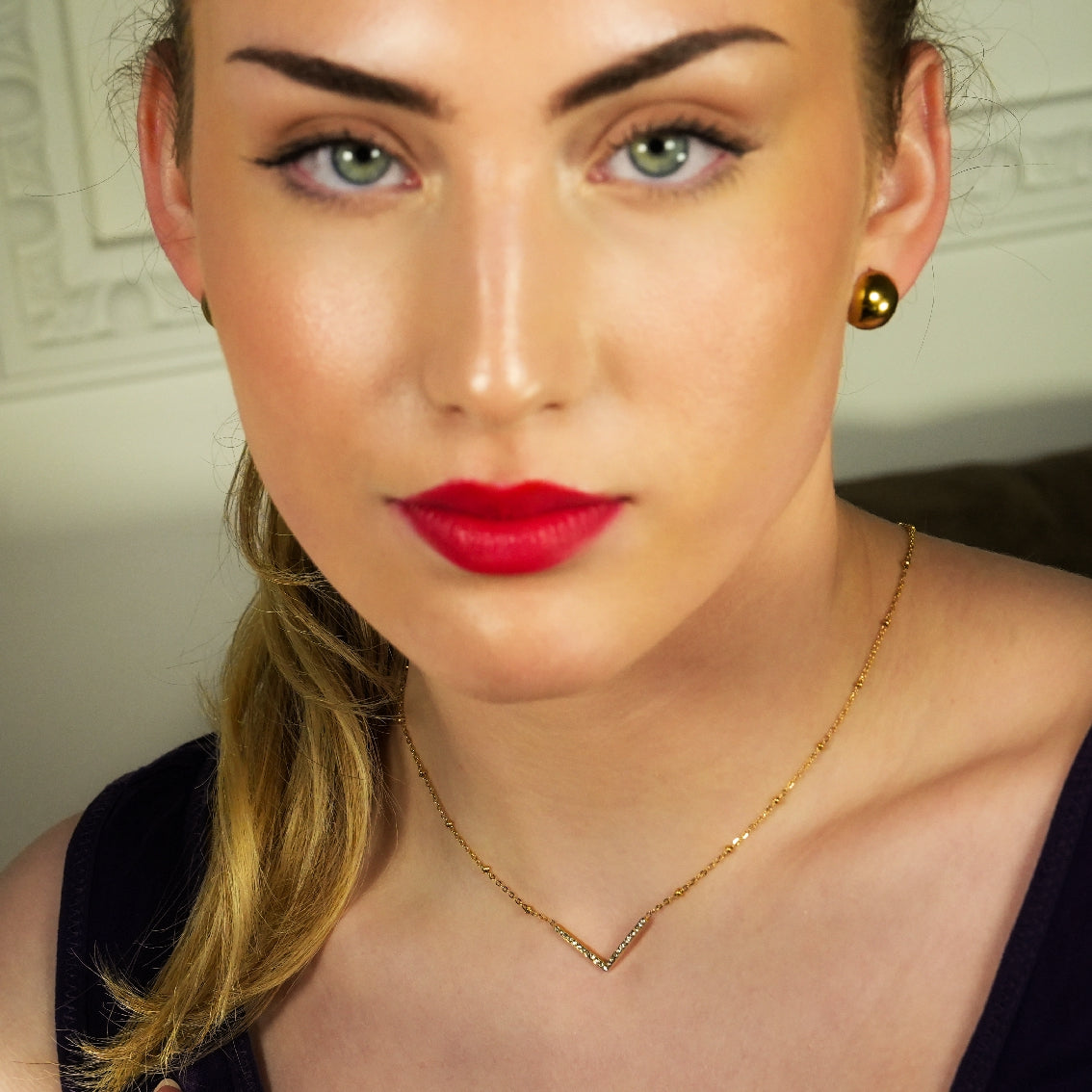 SANITA: Beaded Dainty Chain Anchoring 'V' Shaped Zirconia Embedded Pendant Charm