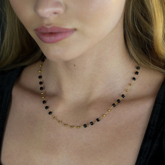 SANTA CRUZ Black: Gold & Black Onyx Beaded Chain Necklace