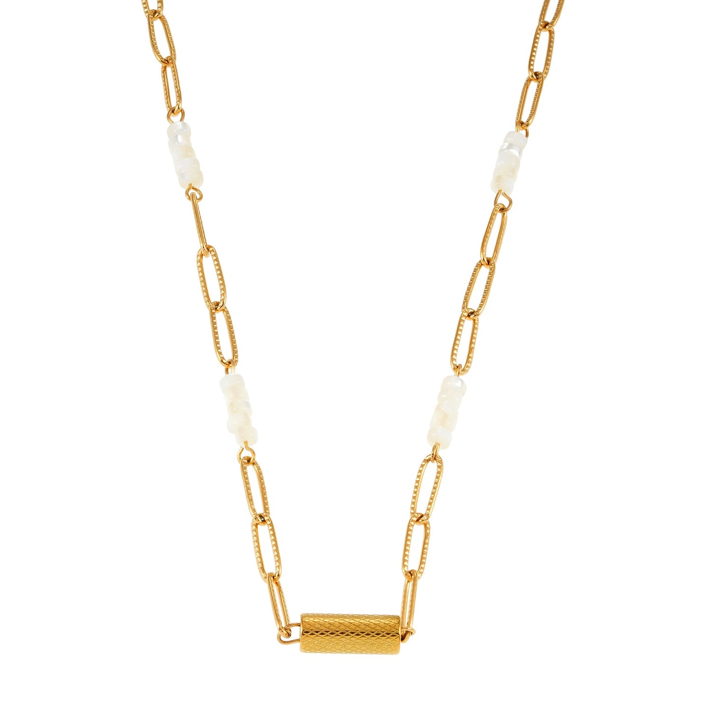 SEDONA Necklace: Natural Shell & Gold Paper-Clip Chain Combination with an Art Deco Pendent