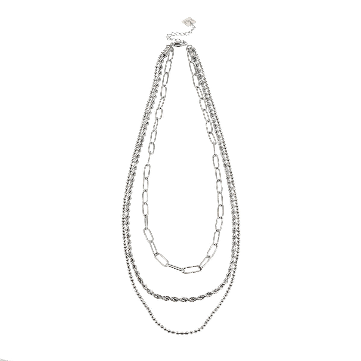 SELENE: Triple Layer Mixed Chain Necklace in Silver Toned White Gold