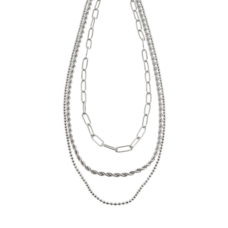 SELENE: Triple Layer Mixed Chain Necklace in Silver Toned White Gold