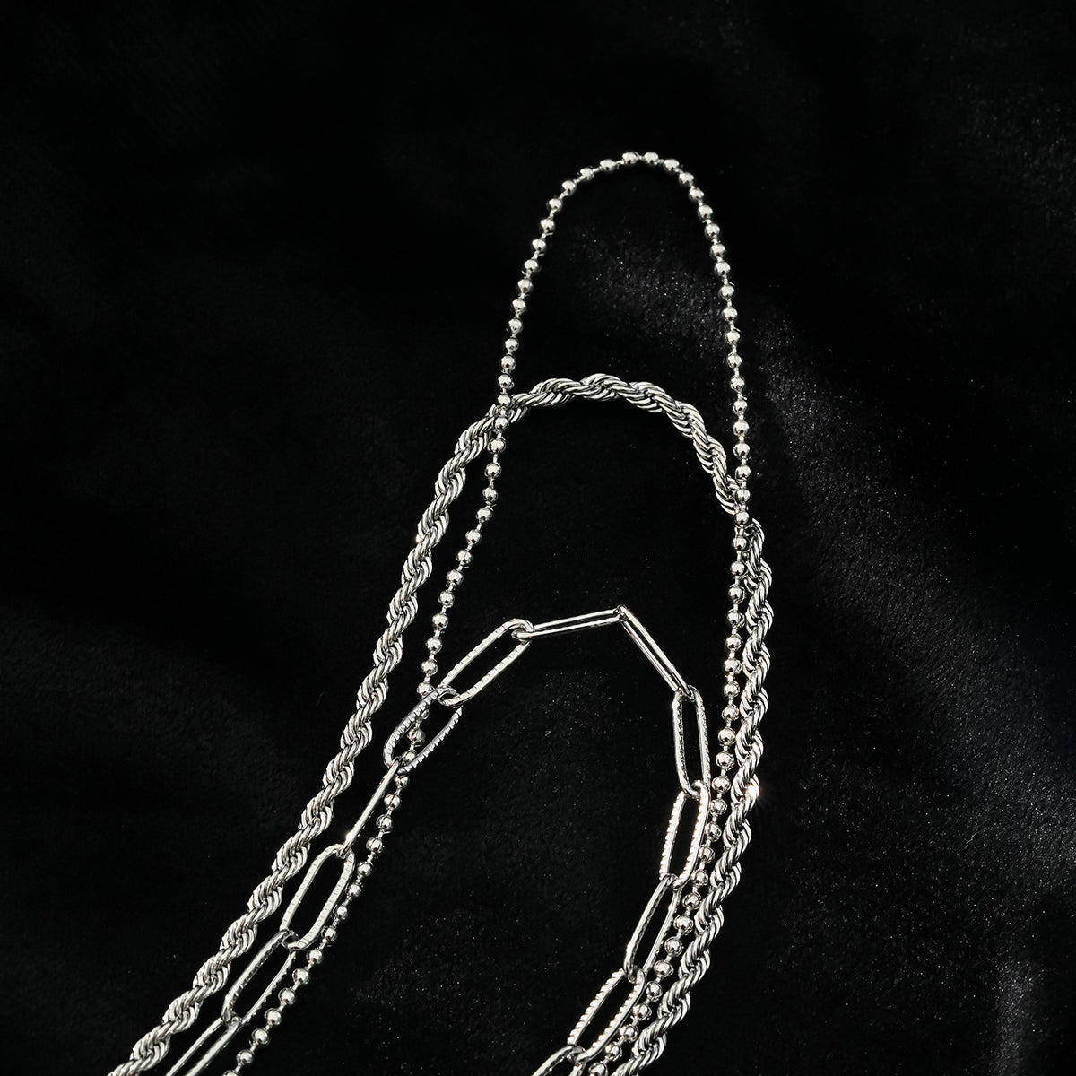 SELENE: Triple Layer Mixed Chain Necklace in Silver Toned White Gold