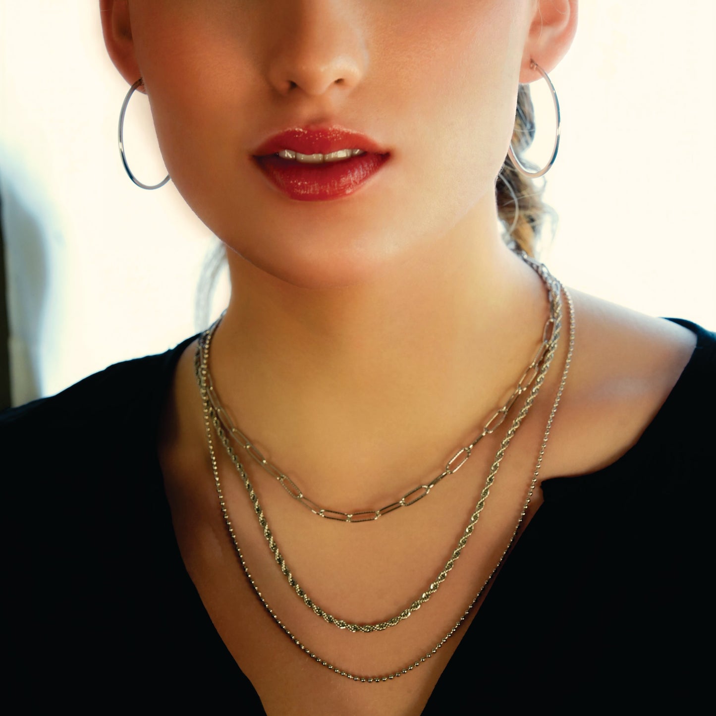 SELENE: Triple Layer Mixed Chain Necklace in Silver Toned White Gold