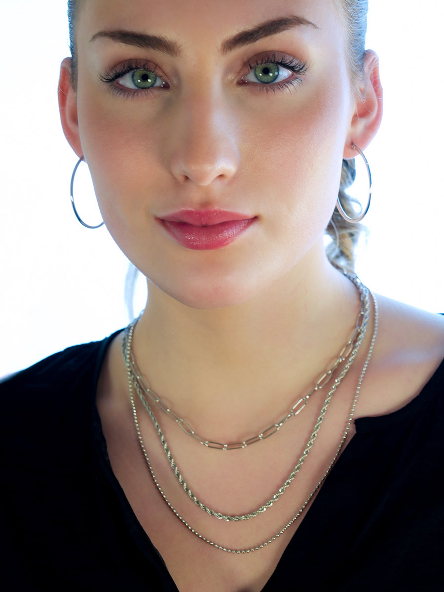 SELENE: Triple Layer Mixed Chain Necklace in Silver Toned White Gold