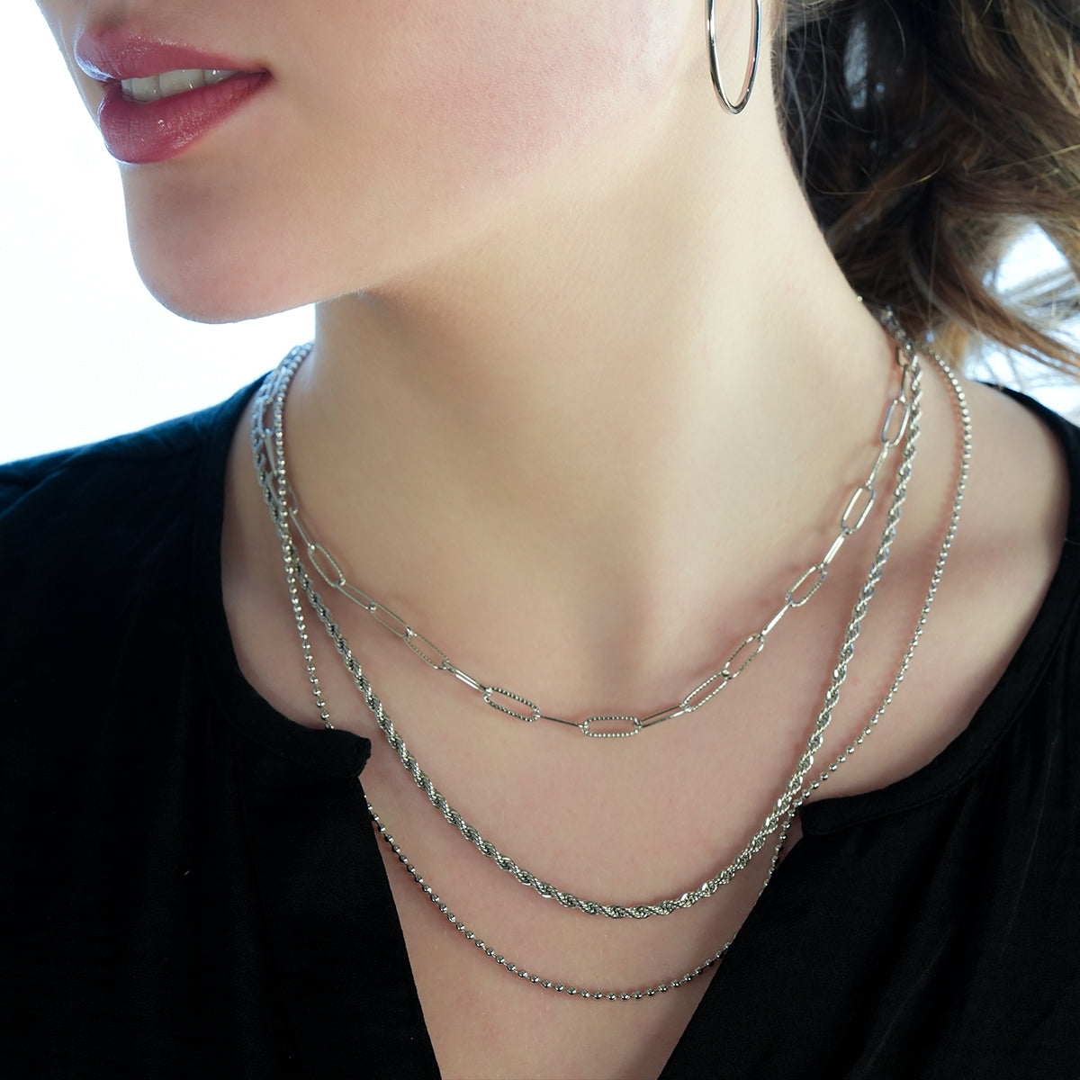 SELENE: Triple Layer Mixed Chain Necklace in Silver Toned White Gold