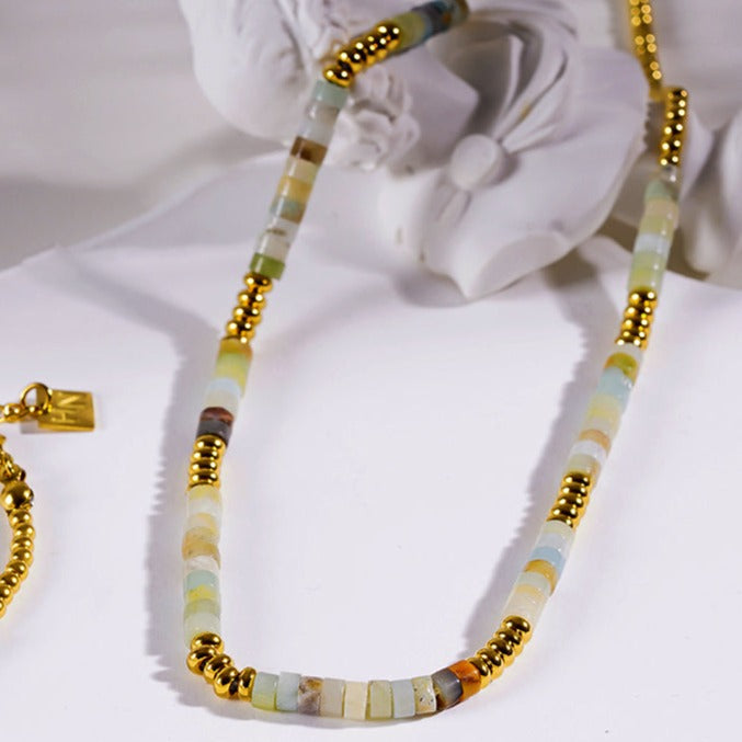 SHAZIA: Amazonite Stones and Gold Beaded Combo Chain Necklace