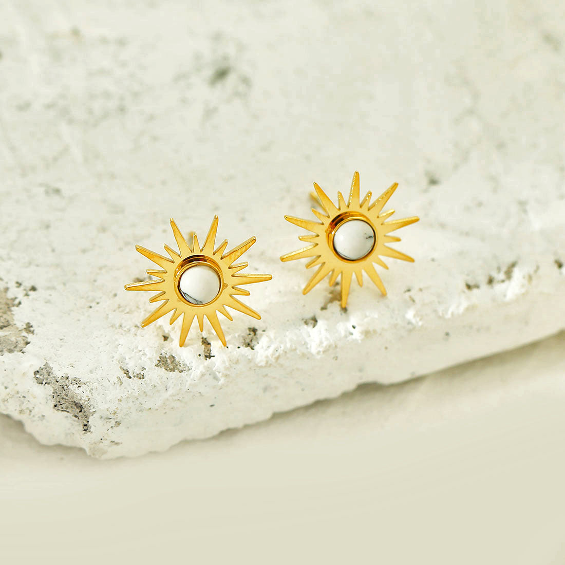 SOLE WHITE Sun Symbol Natural Stone Stud Earrings