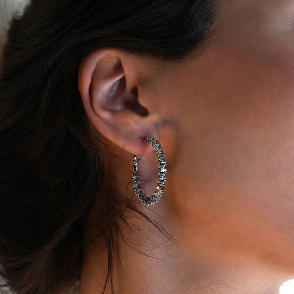 Style SPRINGDALE Silver: Textured Geometric Square Beaded Hoop Earrings