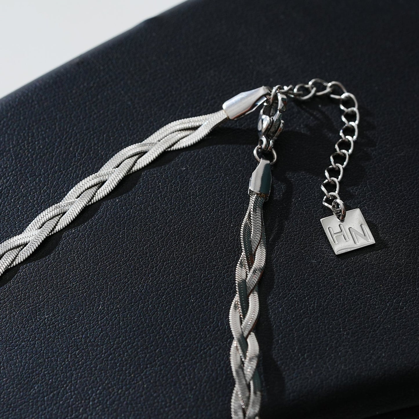 TARA White Gold (Silver Toned): Intertwined Herringbone Snake Skin Textured Necklace.
