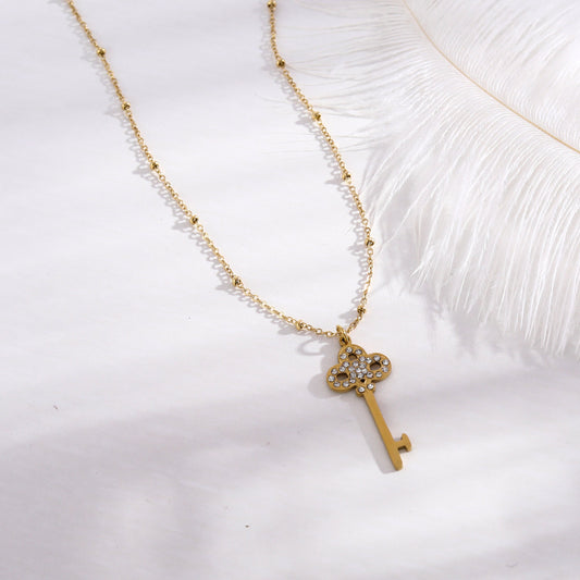 UNLOK Beaded Gold Chain with Zirconia Embellished Key Pendant