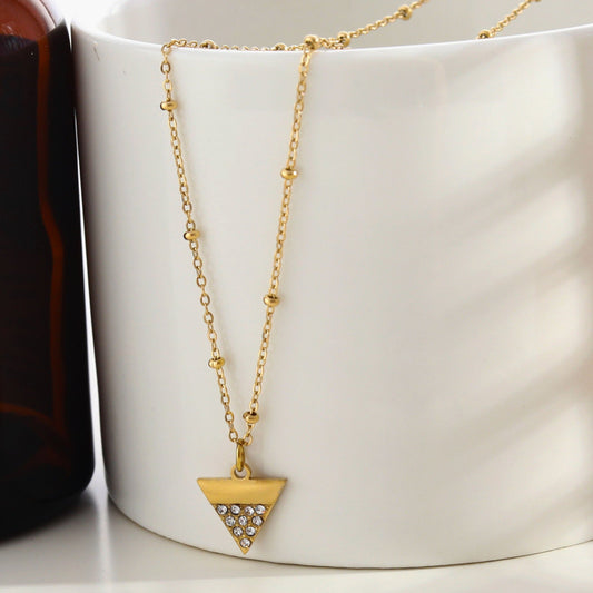 URIKA Beaded Chain Necklace with  Zirconia Pavé Triangle Pendant in Gold