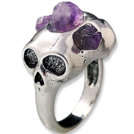 Ring - Natural Amethyst on Skull - Antique Silver